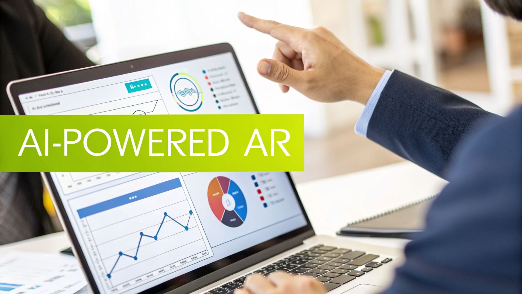 A person pointing at a laptop screen displaying data charts, with 'AI-POWERED AR' overlay.