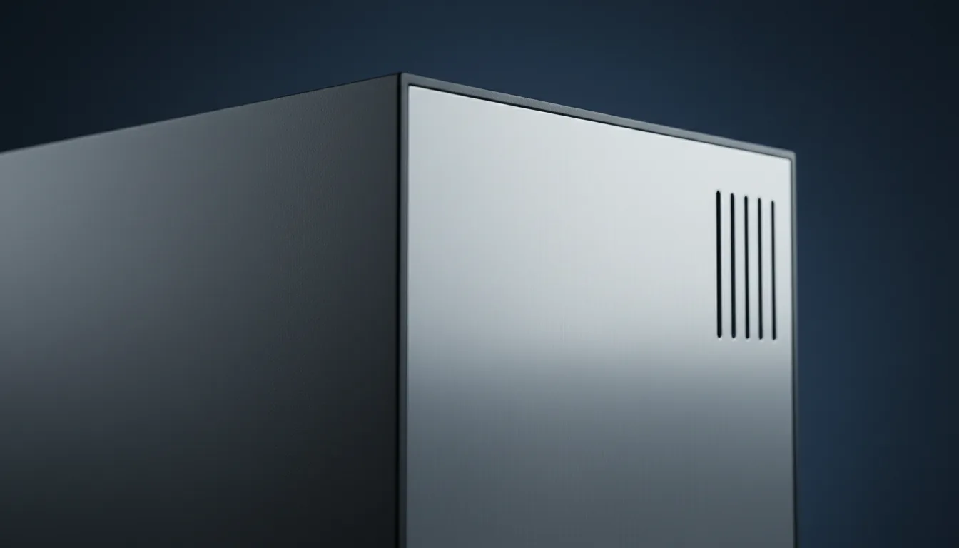 DSLR product photography of a minimalist, high-end workstation PC tower, close-up on the upper-right corner. The tower features a matte, dark-grey metal chassis and a vertically brushed silver aluminum front panel, with a row of vertical ventilation slats along the edge. The shot is captured under soft studio lighting, creating subtle gradients and clean, sharp lines. The background is a solid, dark, desaturated navy blue, creating a professional and cinematic contrast.