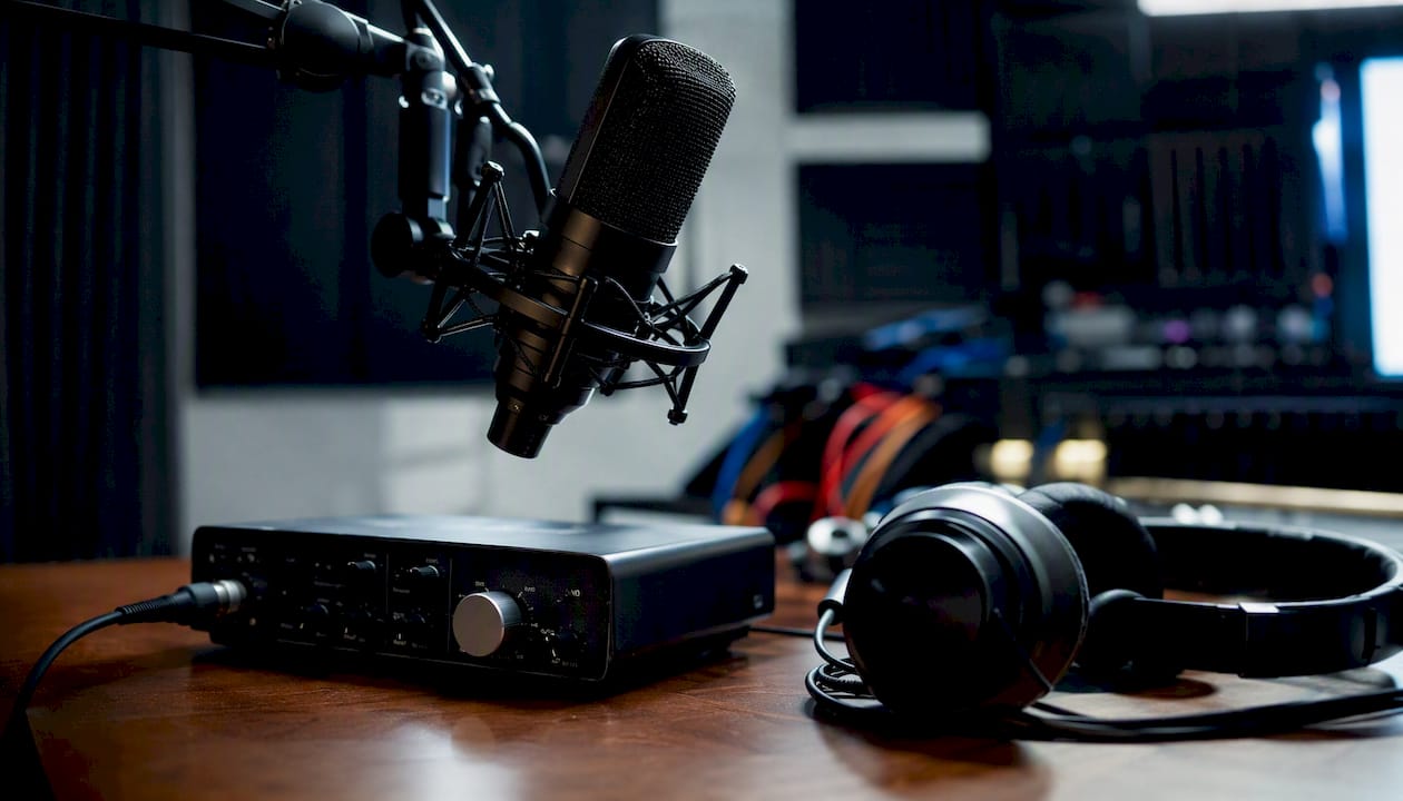 Home studio mic and interface detail