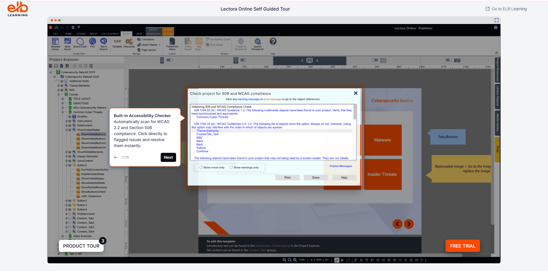 Lectora Online interface showing the built-in accessibility checker running a Section 508 and WCAG compliance scan and listing flagged issues.