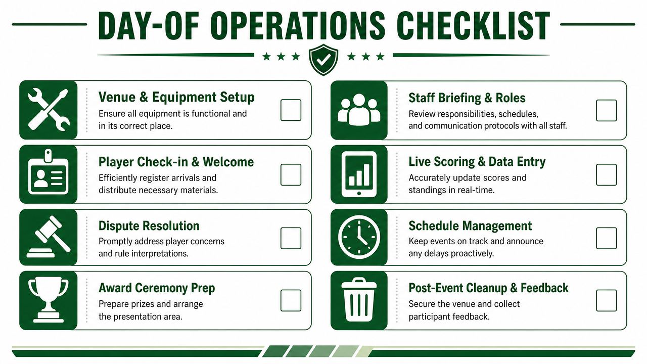 A green and white Day-of-Operations checklist listing eight essential tasks for managing a successful event.