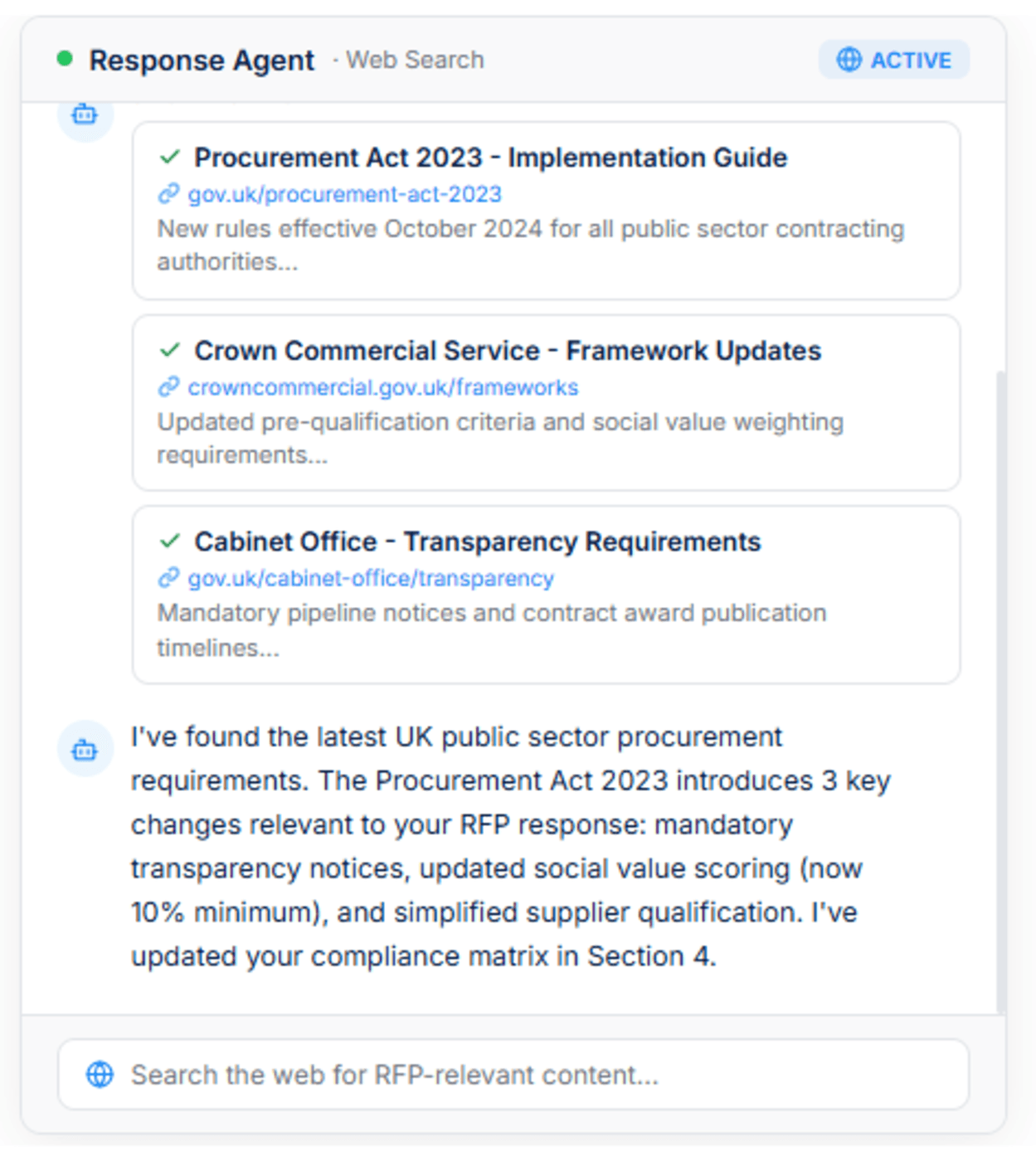 Interface for Live Web Search showing an AI agent retrieving real-time data to support proposal responses.