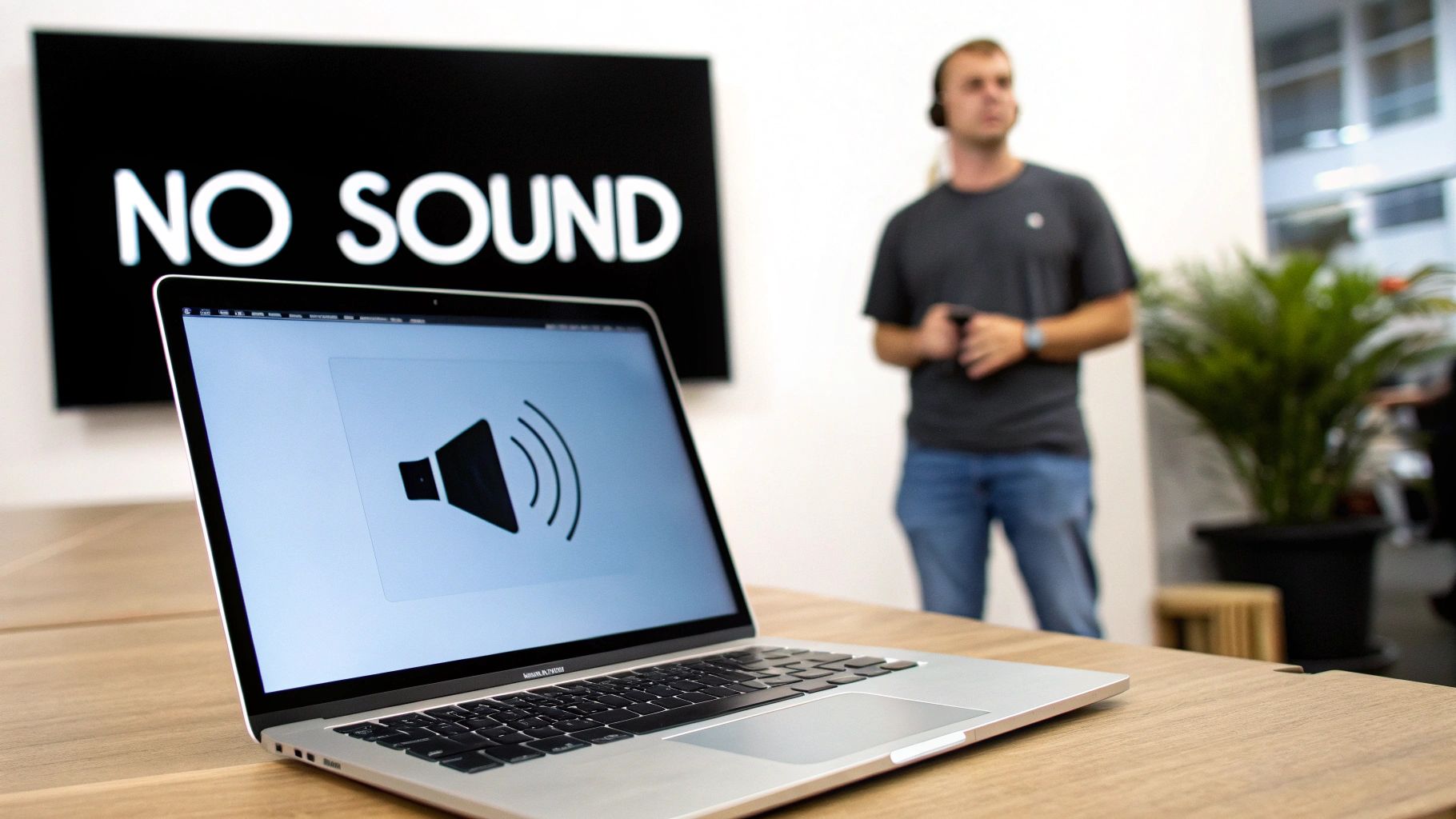 A laptop screen shows a speaker icon, with a large background screen displaying 