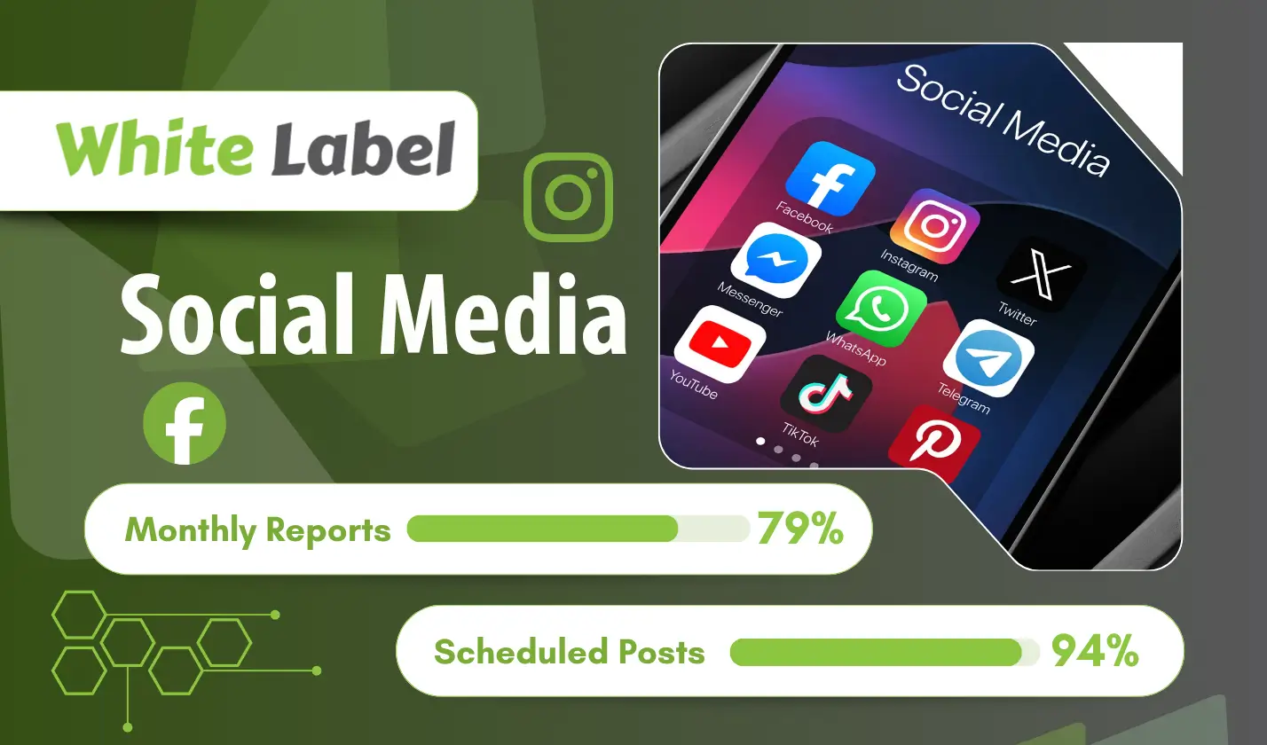 White label social media service dashboard showing management stats and popular social app icons