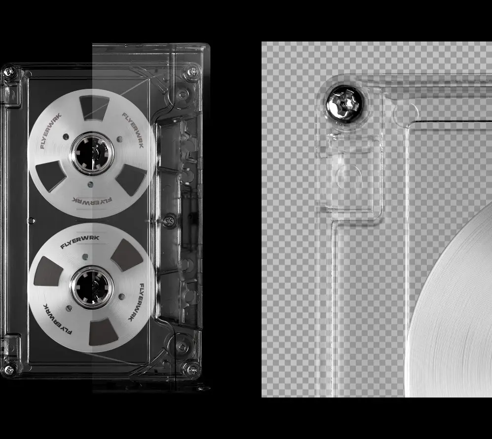 Cassette Case Mockup close-up of a white plastic tape shell with realistic screw details.