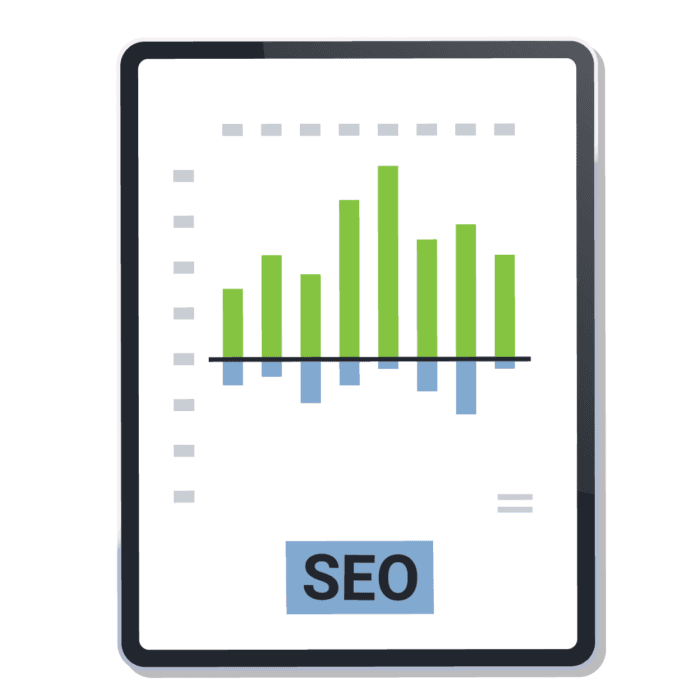 Tablet screen displaying a bar graph with green and blue bars above and below a horizontal axis, labeled “SEO” at the bottom, symbolizing search engine optimization performance data.