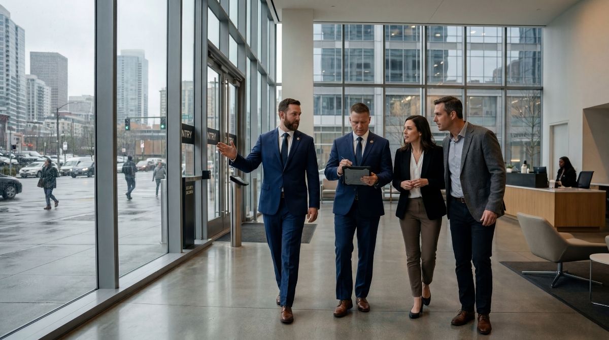 VSO security consultant meeting with corporate executives during an on-site initial consultation in a Seattle office lobby