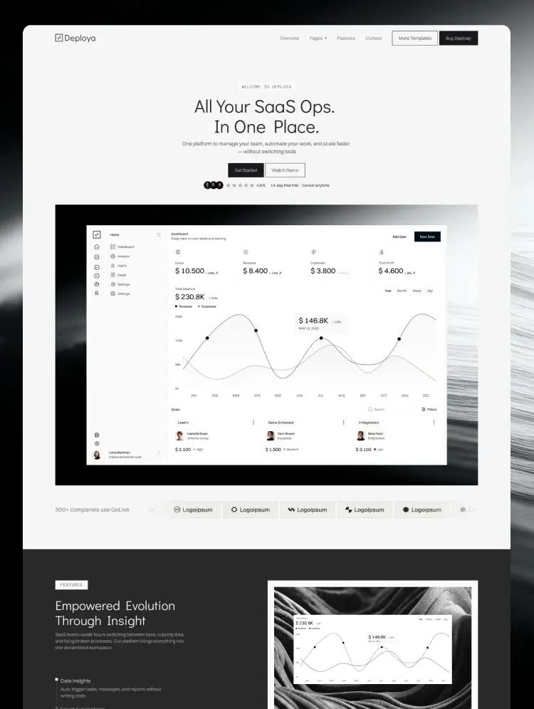 Deploya Webflow SaaS template featuring an operations dashboard and analytics interface.