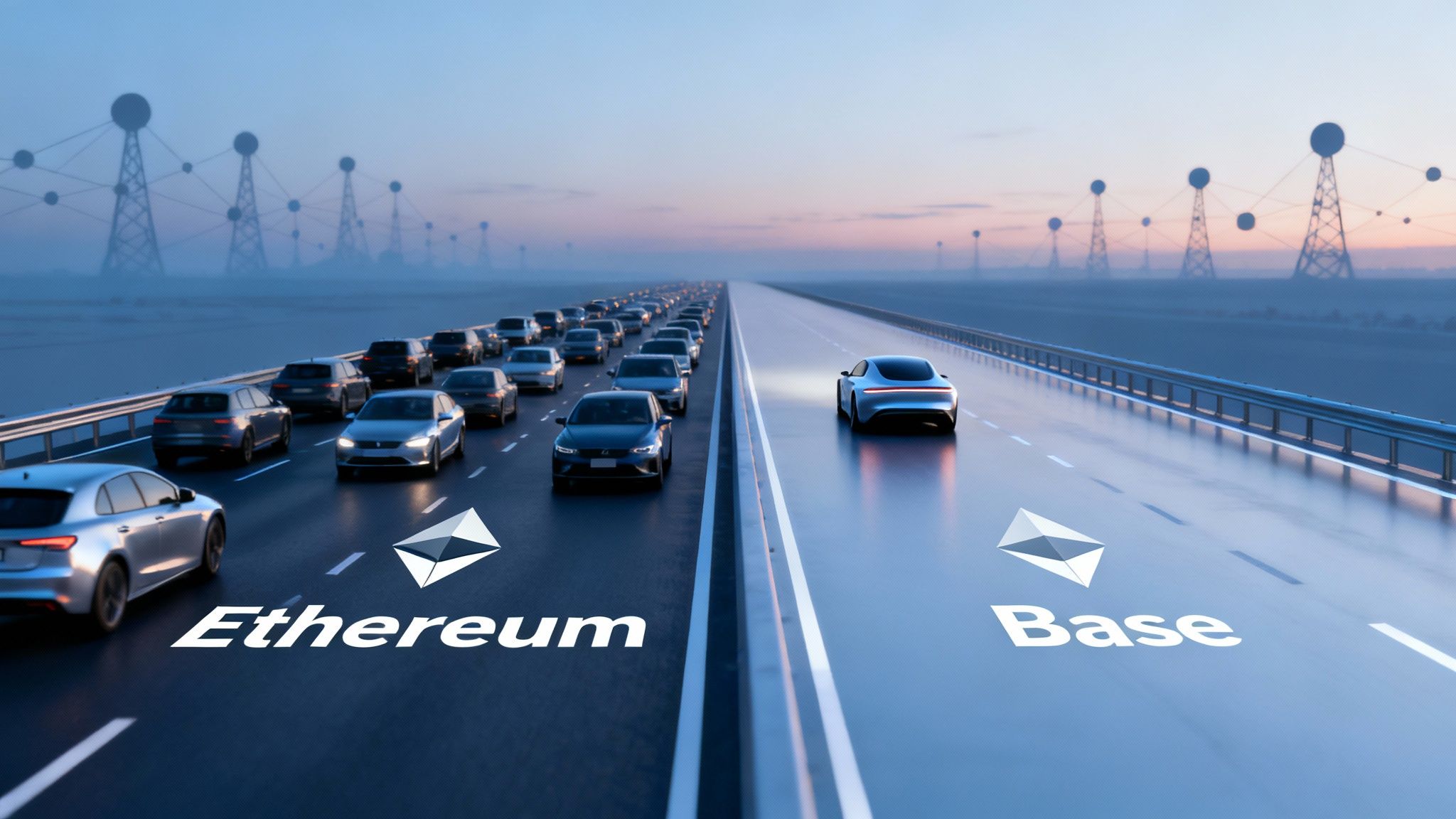 Digital highway comparison of Ethereum traffic congestion versus a clear, fast Base blockchain lane.