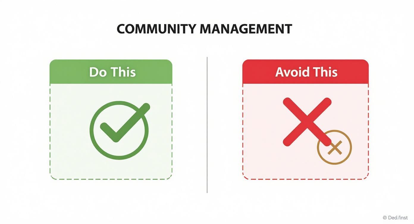 A visual guide for community management, showing a green checkmark for 'Do This' and a red cross for 'Avoid This'.