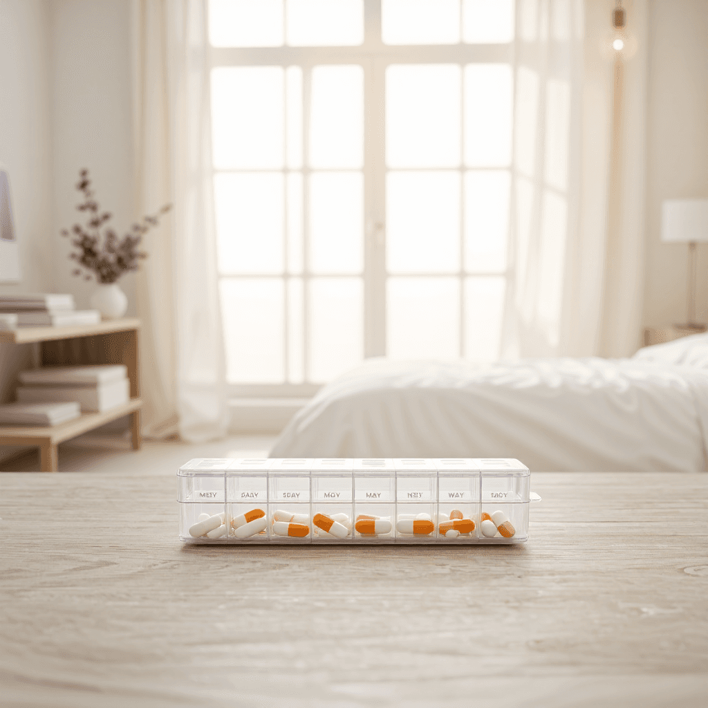 product photography of a weekly pill organizer for medication management