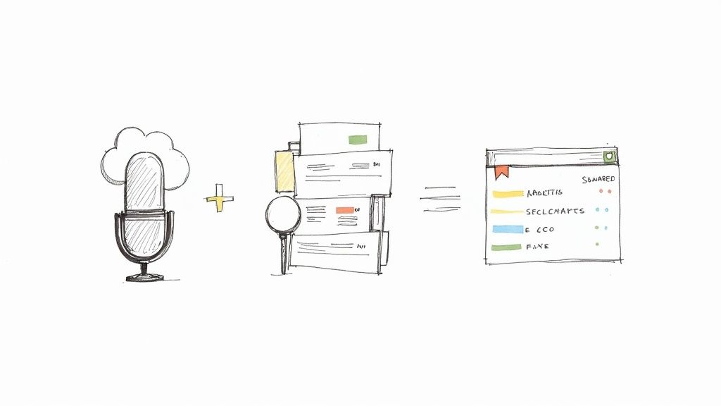 A diagram showing a cloud microphone plus documents being analyzed, equaling a browser window with categorized data.
