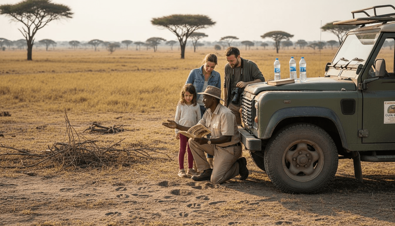Guía experto que explica cómo identificar huellas de animales durante un safari privado
