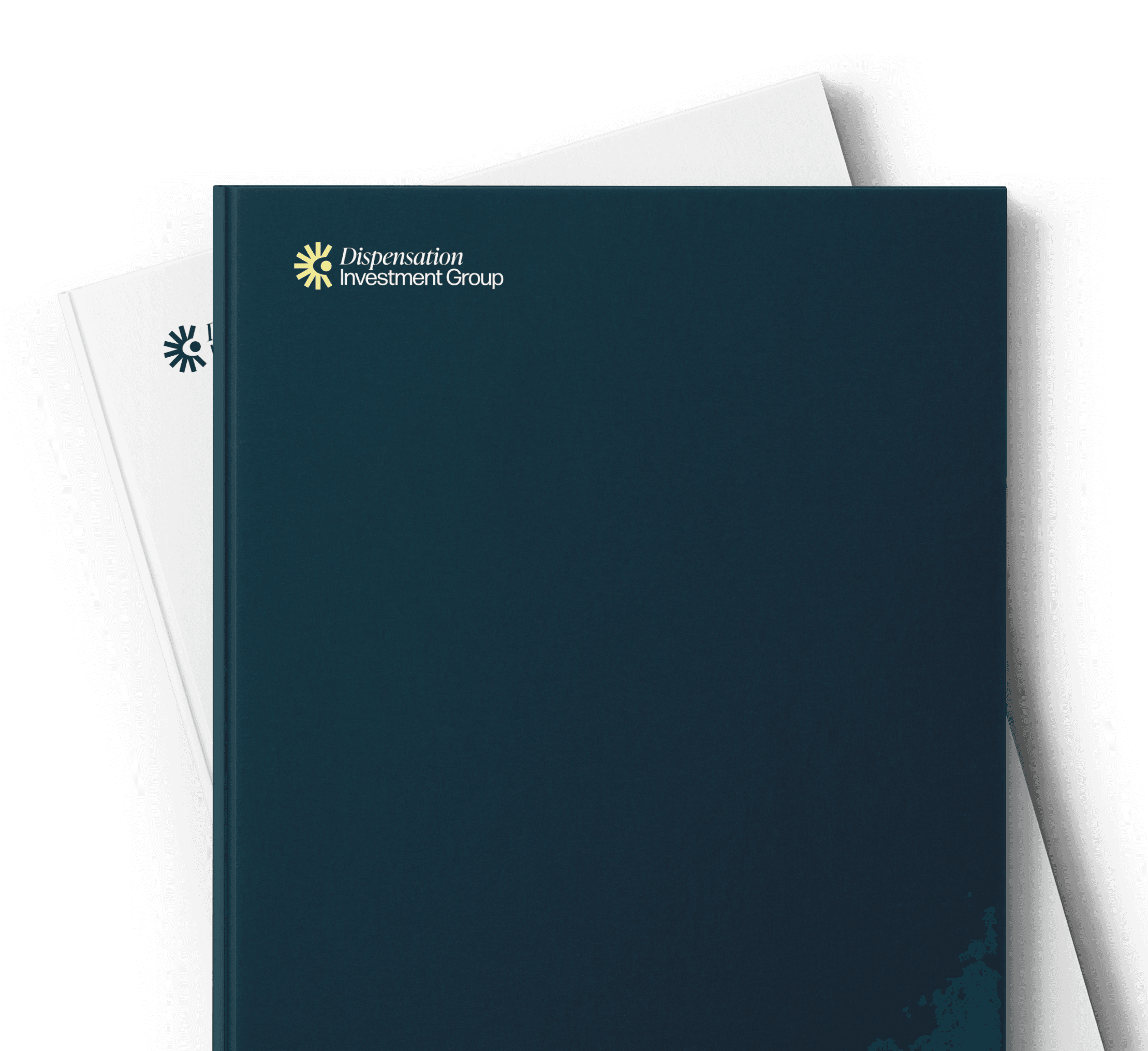 Branded folder and letterhead for a professional organization, featuring a clean, modern logo on a dark teal cover.