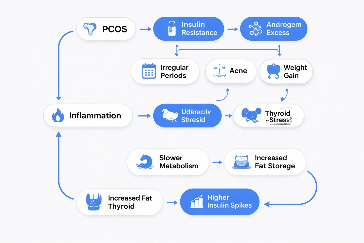 Modern flowchart illustrating the cyclical interaction between PCOS insulin resistance, androgen excess, inflammation, weight gain, and underactive thyroid causing reduced metabolism, increased fat storage, and further insulin spikes.