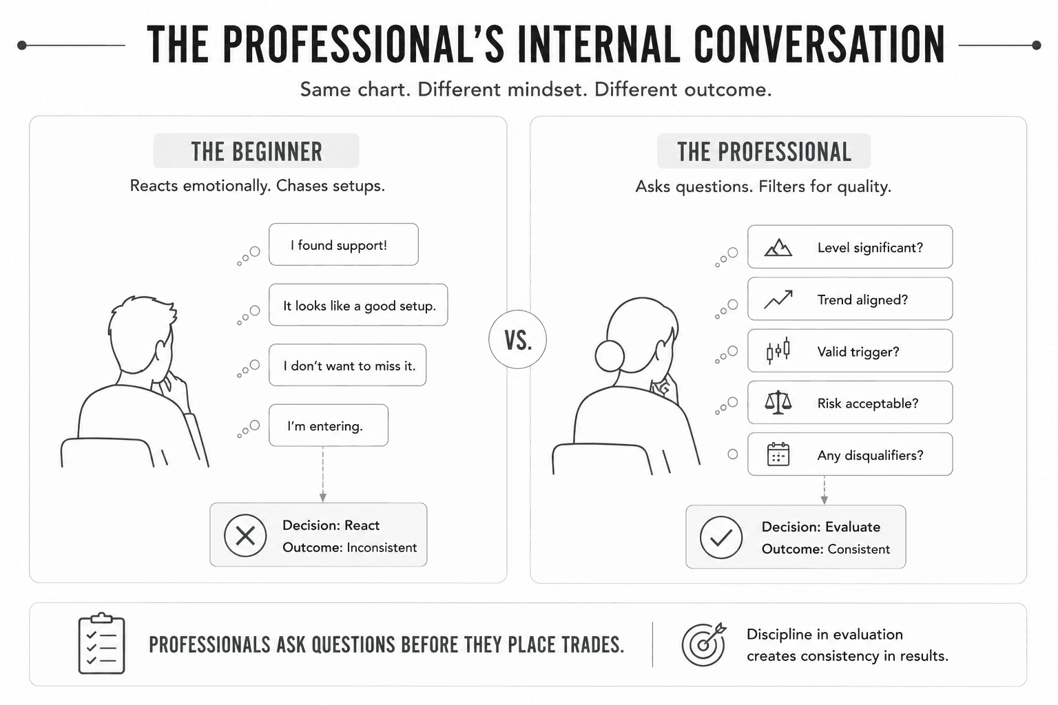 Educational infographic comparing the internal thought process of a beginner trader with that of a professional trader. The beginner reacts emotionally after spotting a level, while the professional systematically evaluates significance, trend alignment, entry trigger, risk, and disqualifying conditions before deciding whether to trade.