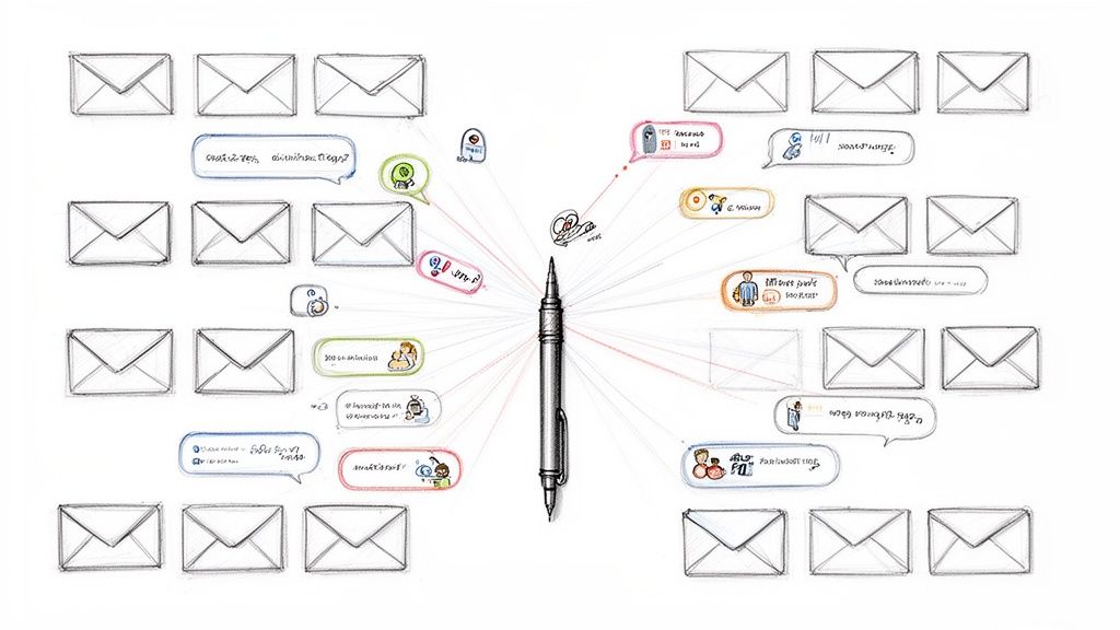 Mind map with a pen at the center, connecting to diverse communication bubbles and mail envelopes.