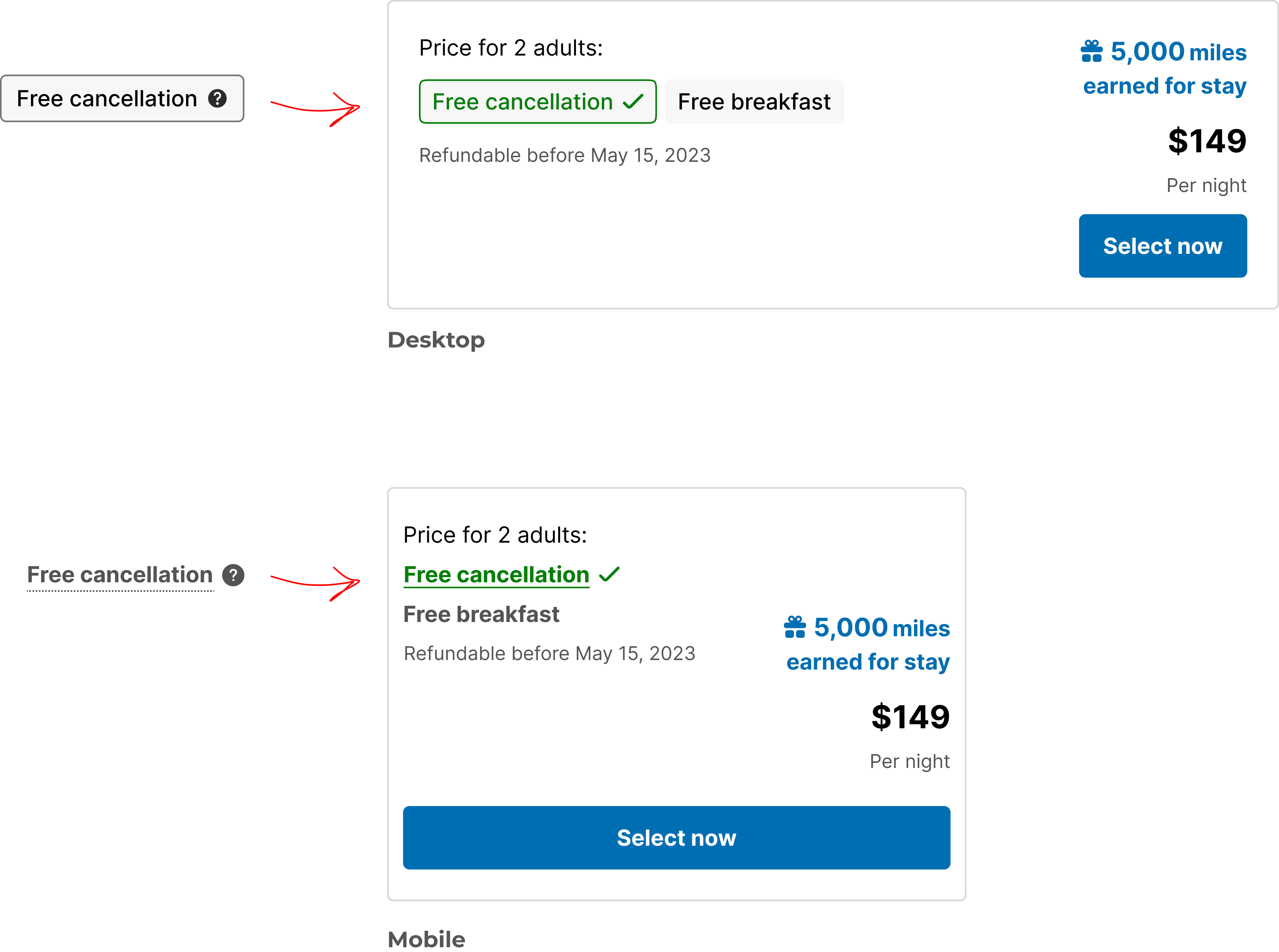 An image showing updated Free cancellation chips, inclusive pricing and refundable deadlines for dekstop and mobile.
