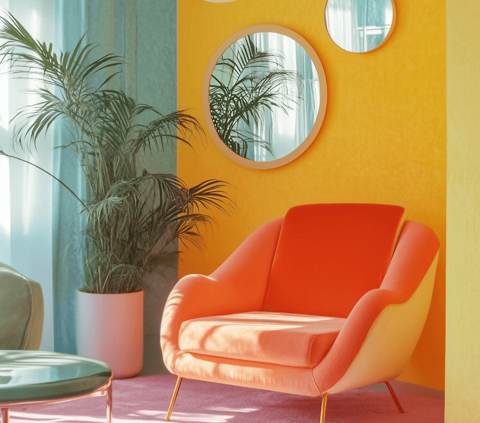 Orange armchair beside potted palm against yellow wall.