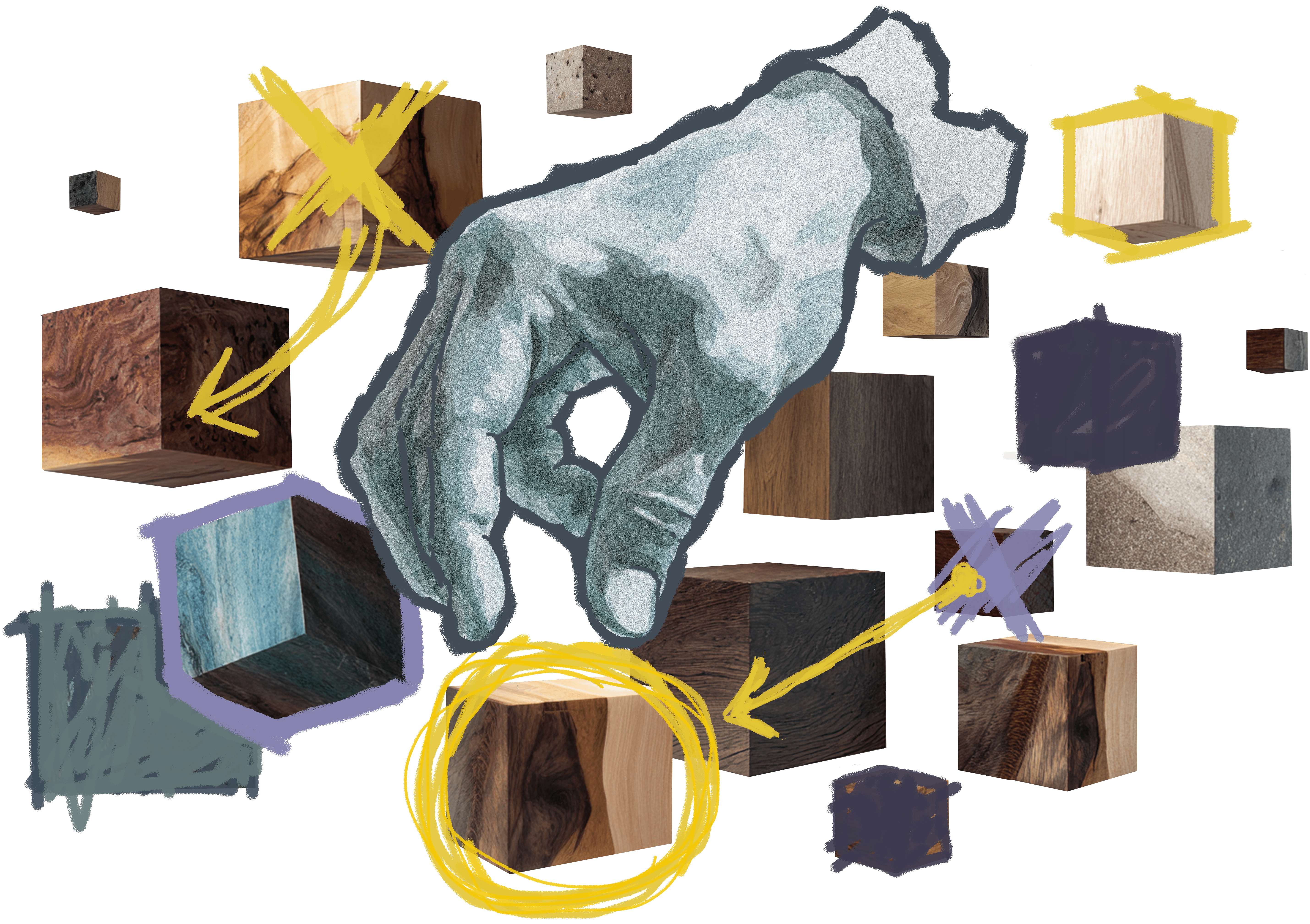 Illustration of a hand reaching for a wood block, surrounded by various cubes of wood with highlights and arrows.