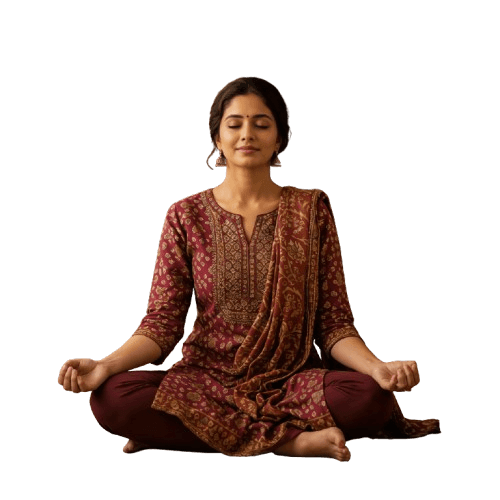 A woman sits cross-legged with eyes closed, wearing a white blouse and a long purple skirt, looking serene.