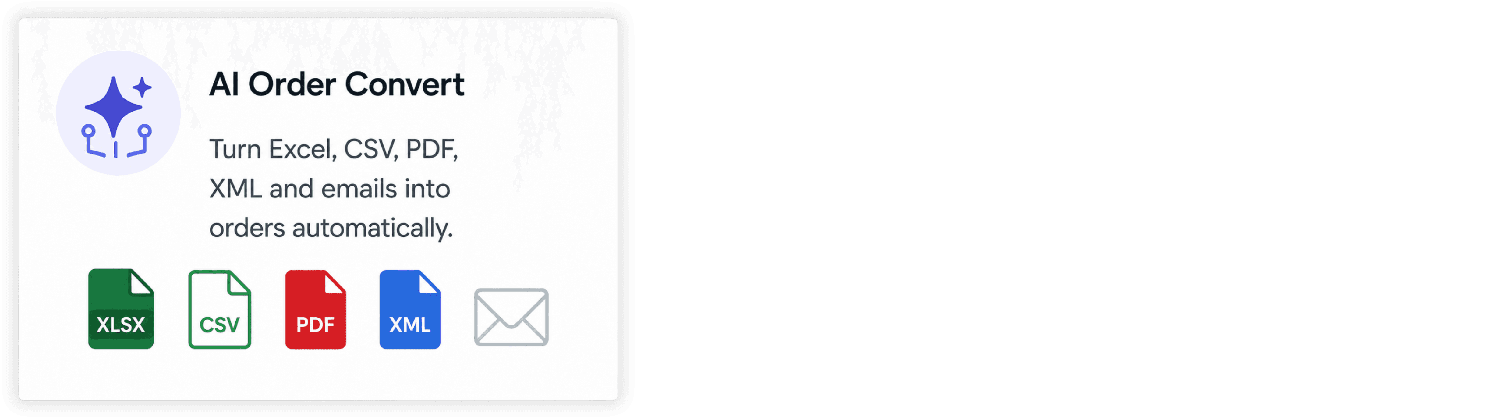 AI Order Convert automatically transforms Excel, CSV, PDF, XML and email orders into digital B2B orders