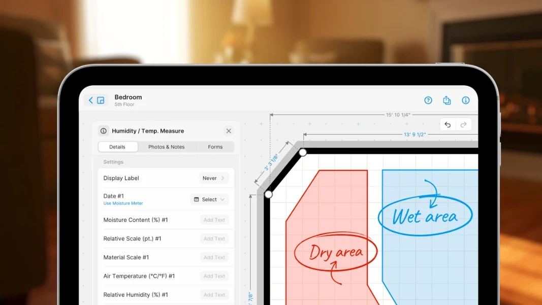 iPad showing a floor plan with dry and wet, damaged areas