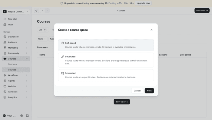 circle create a course page