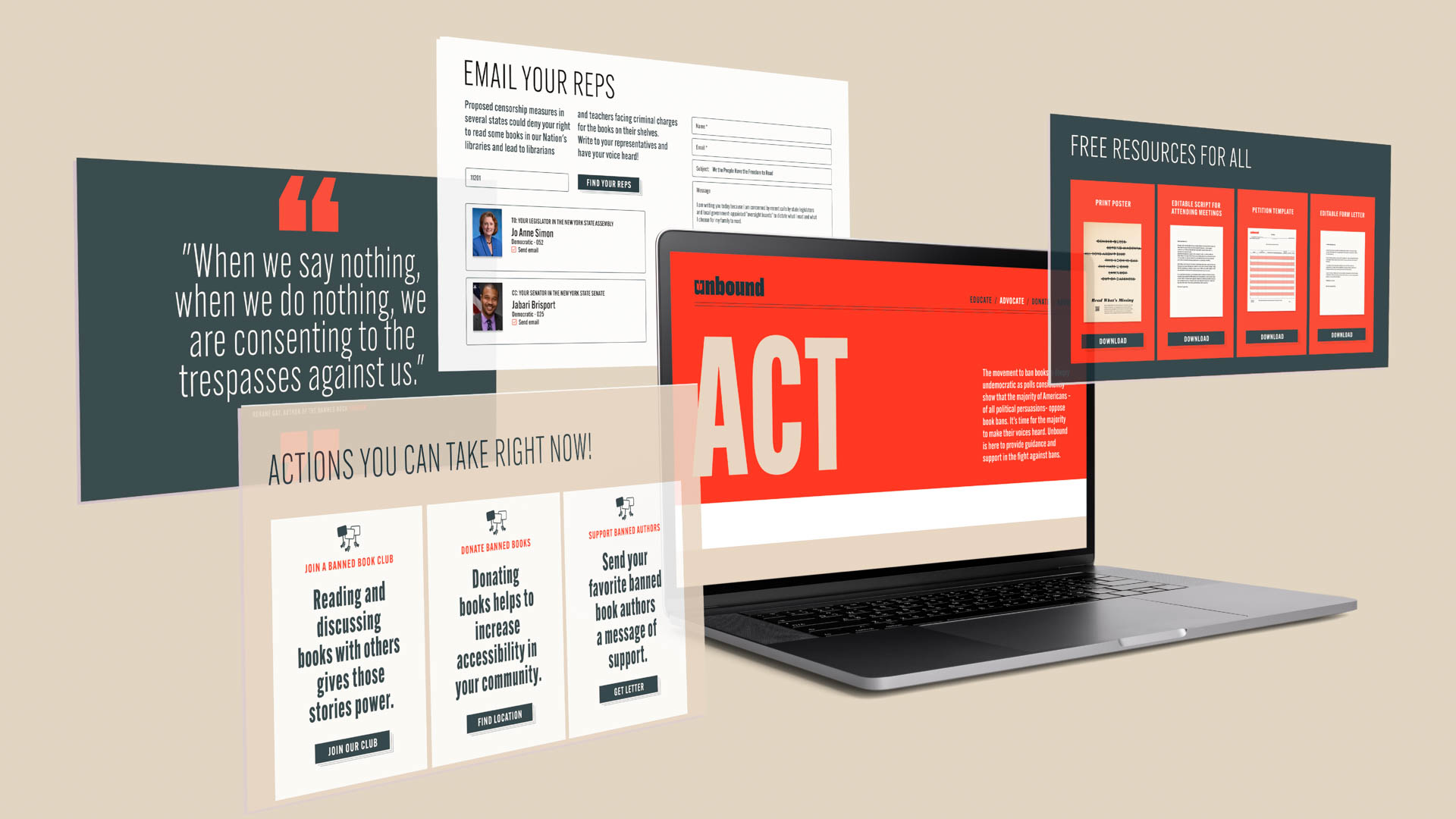 A collage of images and text on a light beige background includes:<br><br>1. A quote: “When we say nothing, when we do nothing, we are consenting to the trespasses against us.”<br>2. A dark gray sign: “READ THE MATTER OF OUR TIME.”<br>3. A white sheet with “EMAIL YOUR REPS” text and instructions.<br>4. A laptop displaying a red “ACT” screen with text about community support.<br>5. A sign promoting “READING AND DISCUSSING BOOKS WITH OTHERS” with “READING AND DISCUSSING BOOKS WITH OTHERS” text and “GIVES THOSE STORIES POWER.”<br>6. A sign for “Actions You Can Take Right Now!” with “READING AND DISCUSSING BOOKS WITH OTHERS” text and “READING AND DISCUSSING BOOKS WITH OTHERS” text and “GIVES THOSE STORIES POWER.”<br>7. A sign for “FREE RESOURCES FOR ALL” with “FREE RESOURCES FOR ALL” text and “FREE RESOURCES FOR ALL” text and “FREE RESOURCES FOR ALL” text and “FREE RESOURCES FOR ALL” text.<br><br>The collage promotes reading and discussing books for community support.