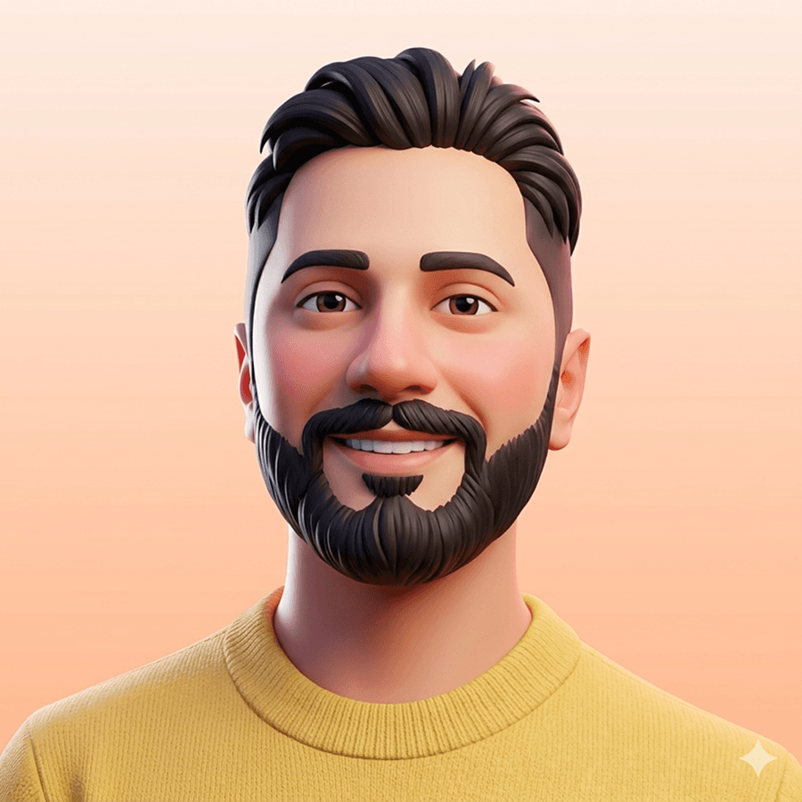 Smiling 3D avatar with pink spiky hair, round glasses, and lab coat.