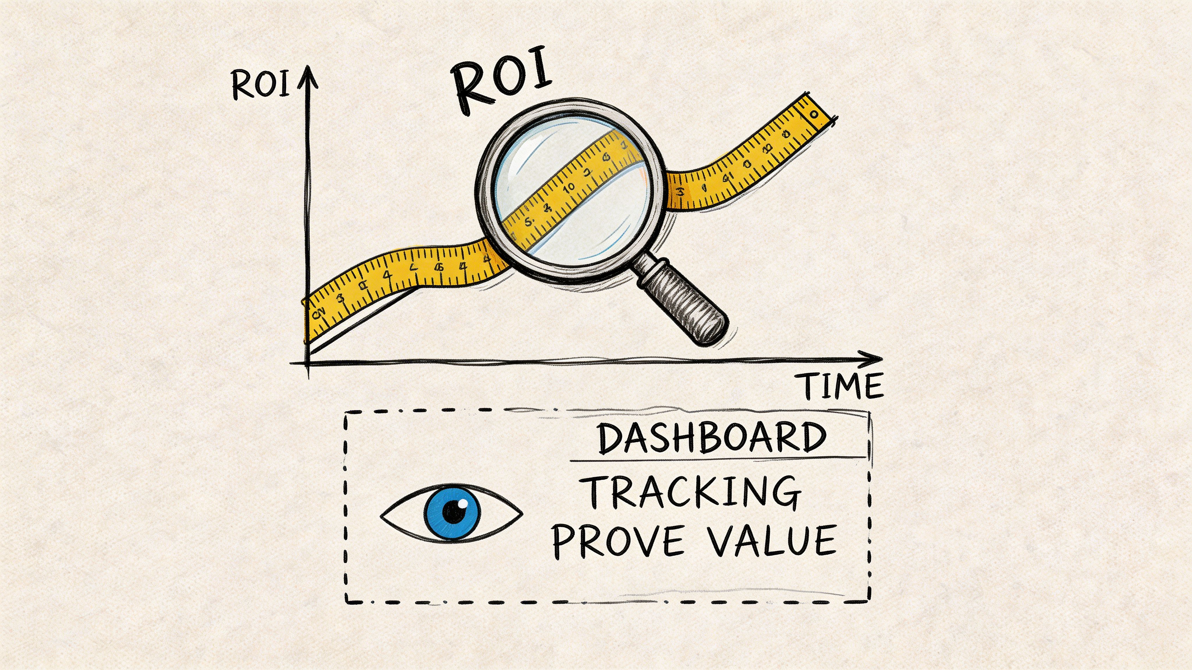 A hand-drawn illustration showing a magnifying glass examining a measuring tape over a graph representing ROI and time.