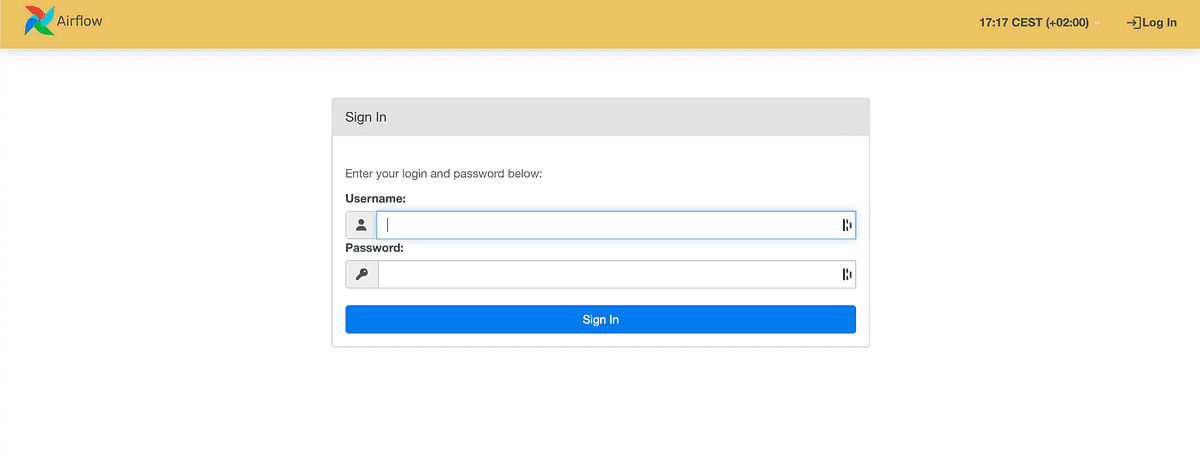 Login screen of Airflow with fields for username and password. There's a 'Sign In' button below the input fields. The interface includes the Airflow logo at the top, and the current time zone setting displays 'CEST' in the upper right corner with an option to log in