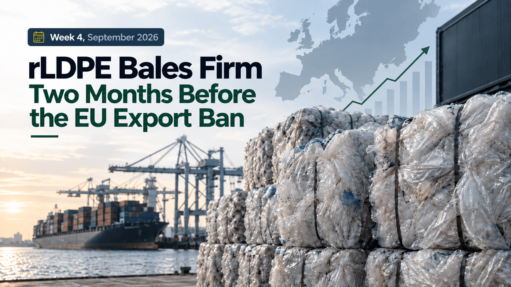 Week 4 September 2026 recycled plastics market update showing rLDPE bales at a port, with prices firming two months before the EU plastic waste export ban.