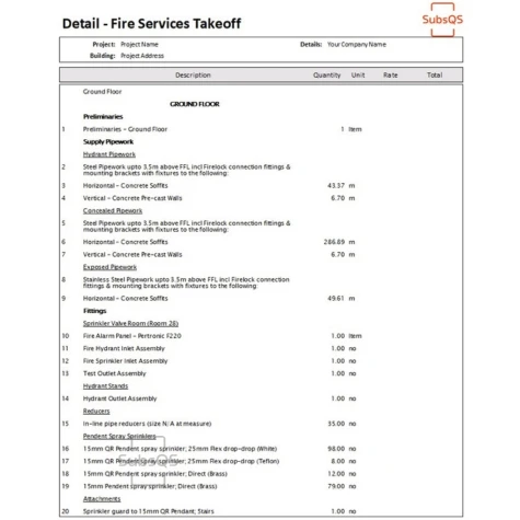 Screenshot - CostX Fire Safety Services Detailed Quantity Takeoff Report by SubsQS