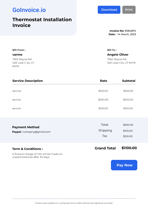 Thermostat Installation Invoice