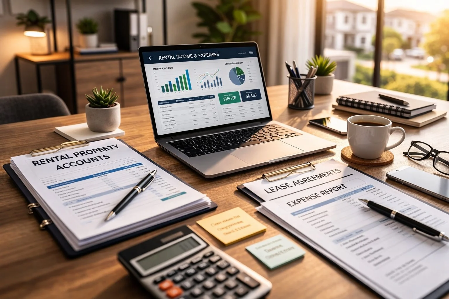 Modern office desk with a laptop showing financial dashboards, stacks of rental property documents, and a coffee cup nearby.