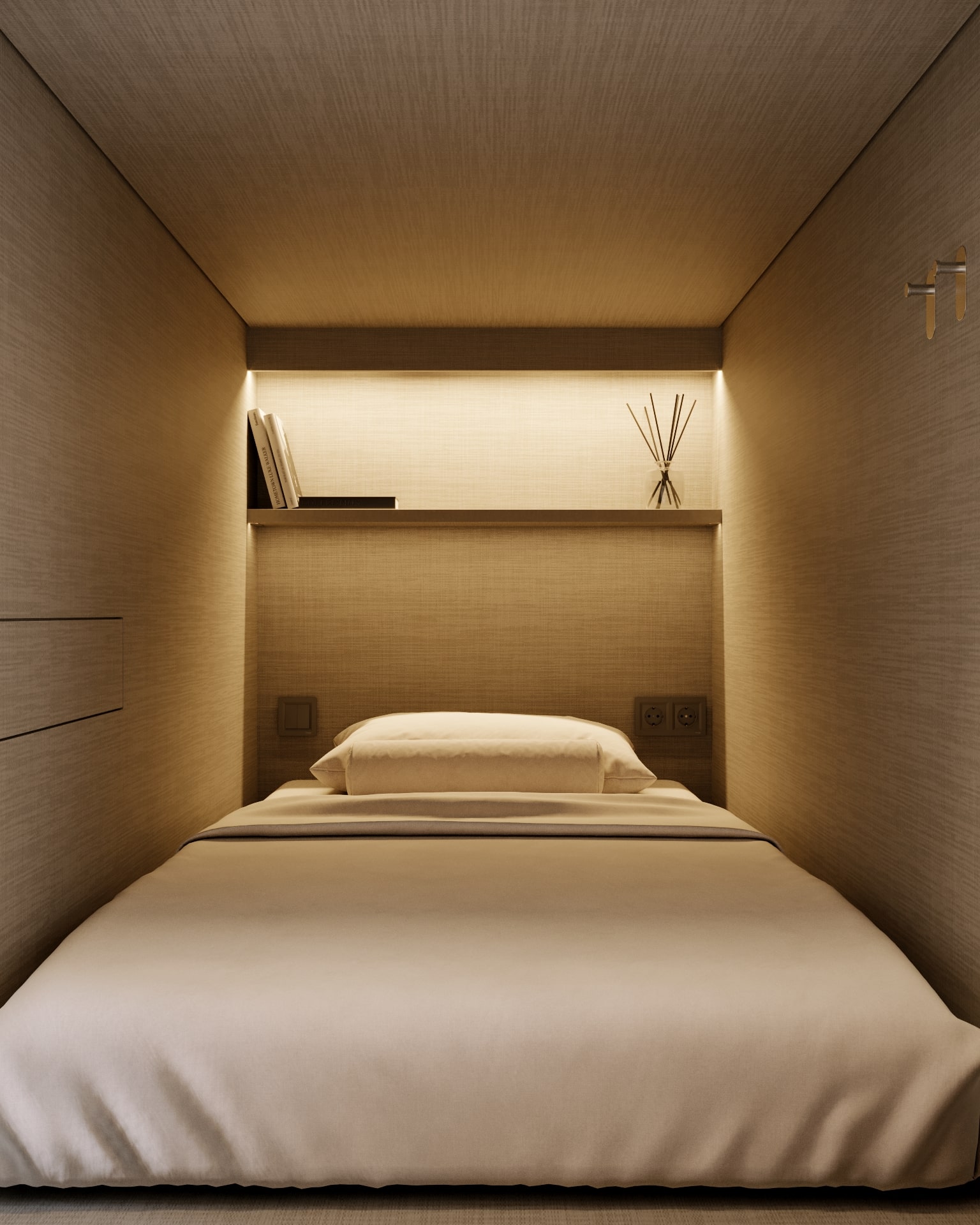 Cozy bedroom with a bed, shelf with books and diffuser, and a warm, inviting atmosphere.