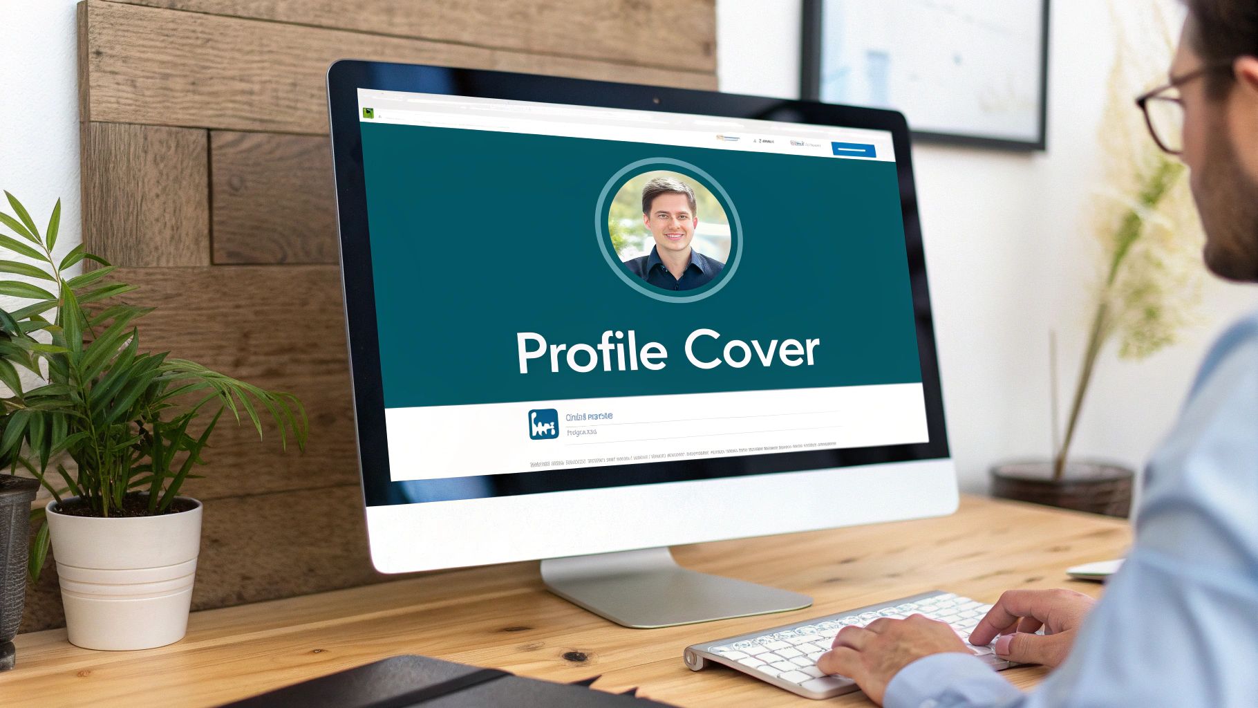 Professional viewing LinkedIn profile cover page with circular photo on desktop computer monitor