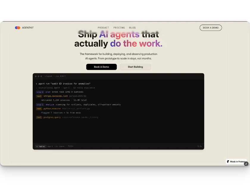 Agentkit: Hero with animated agent terminal
