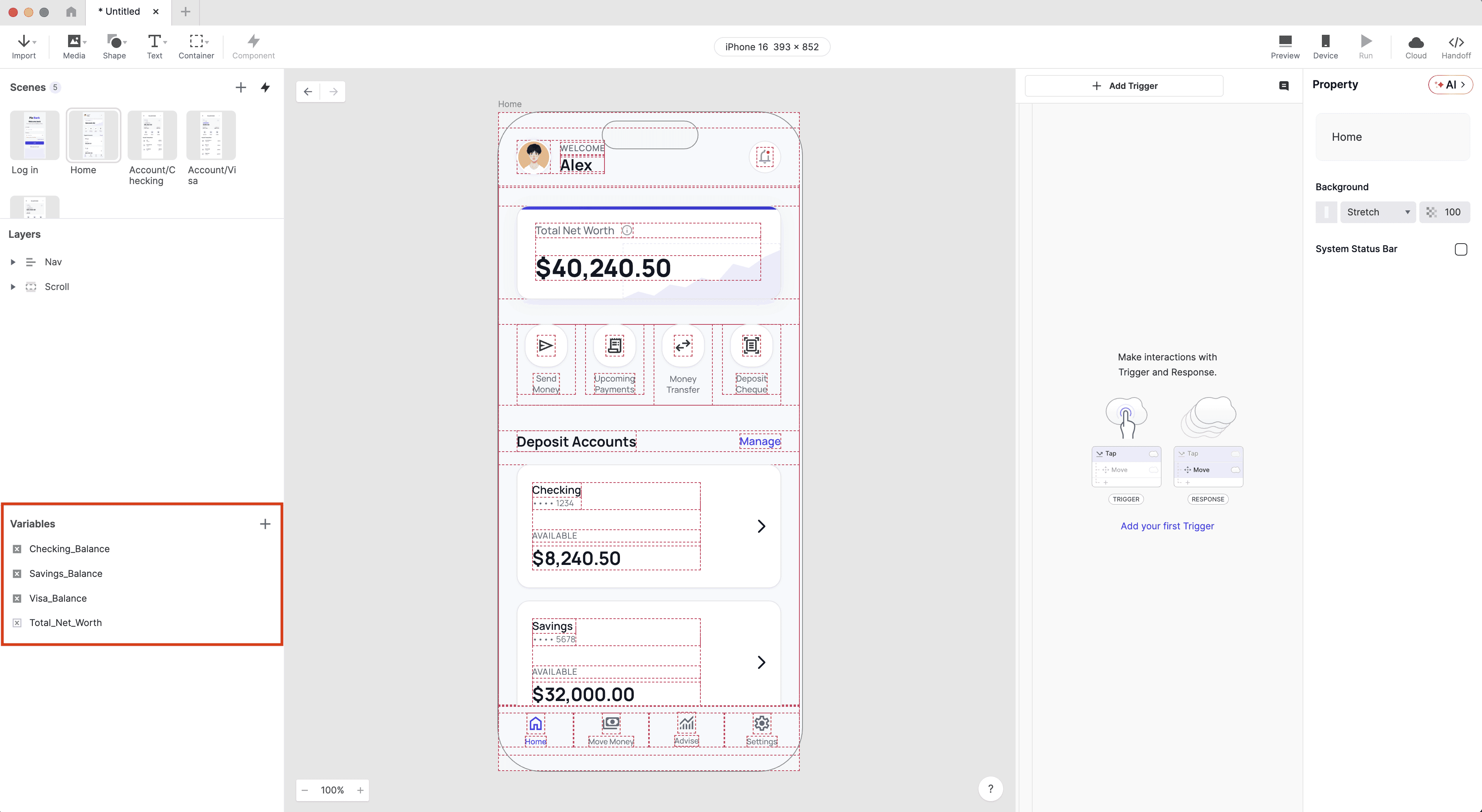 ProtoPie variables panel showing four configured variables — total_net_worth scoped to This Scene, and checking_balance, savings_balance, and visa_balance scoped to For All Scenes — all set to Number type with a default value of zero