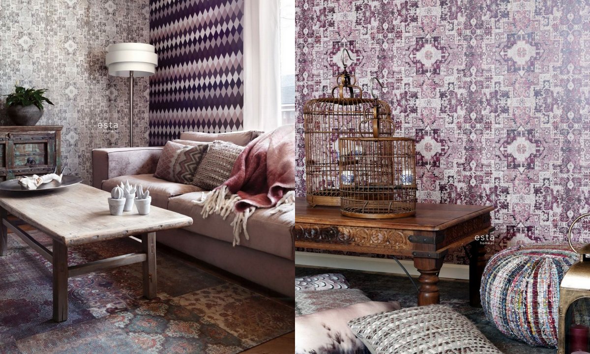 eclectisch interieur paars behang patroon
