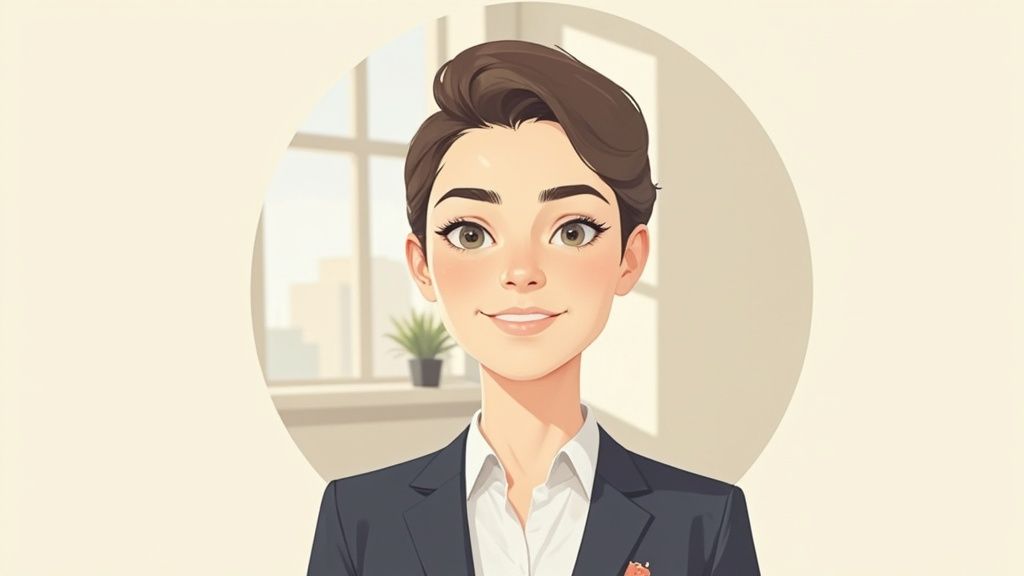 Eine lächelnde Zeichentrickfrau mit kurzen braunen Haaren in Anzug und Hemd vor einem hellen Fensterhintergrund.