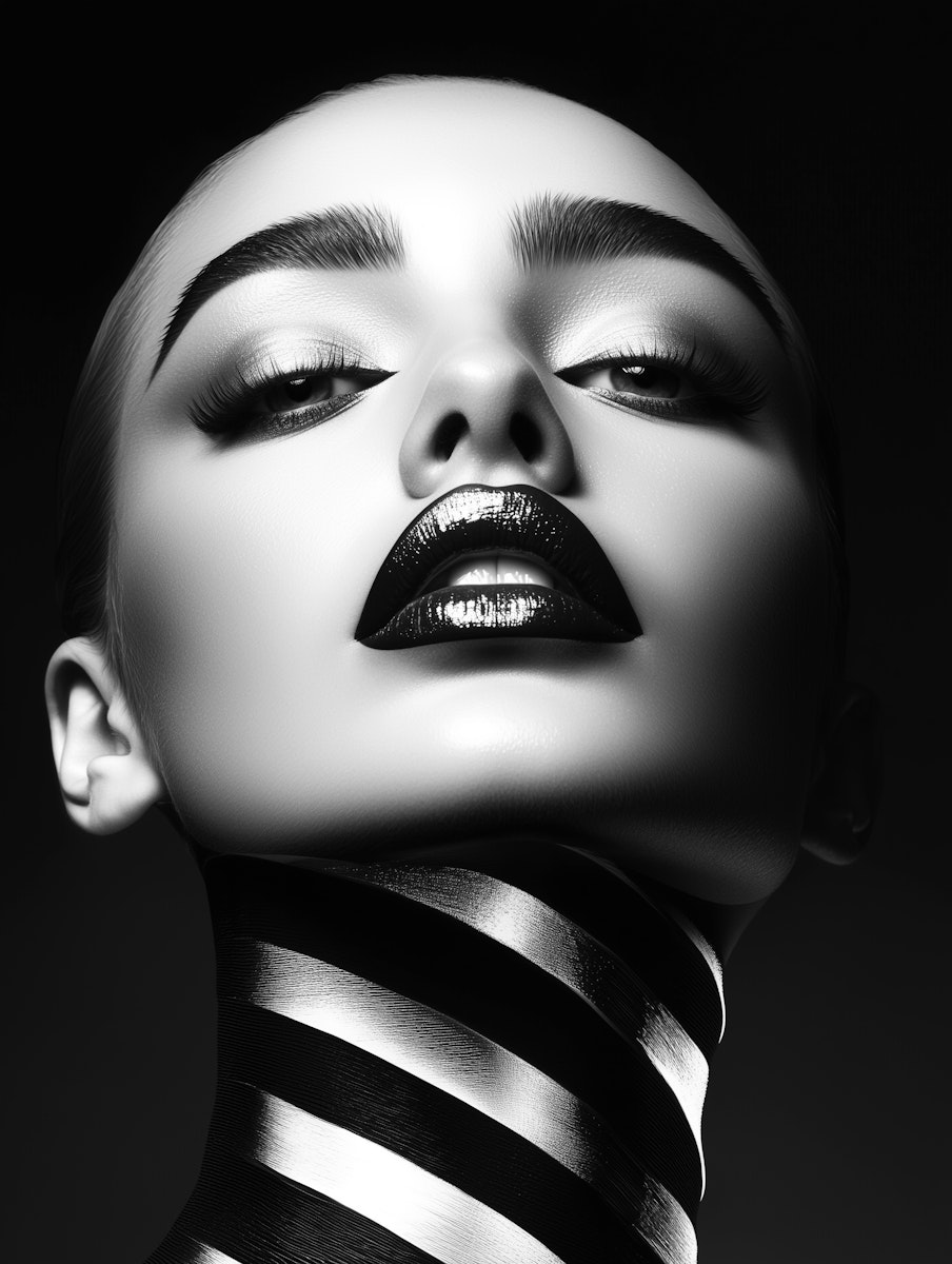 Black and white portrait of a woman with glossy lips and metallic striped neck, exuding a futuristic and artistic vibe.