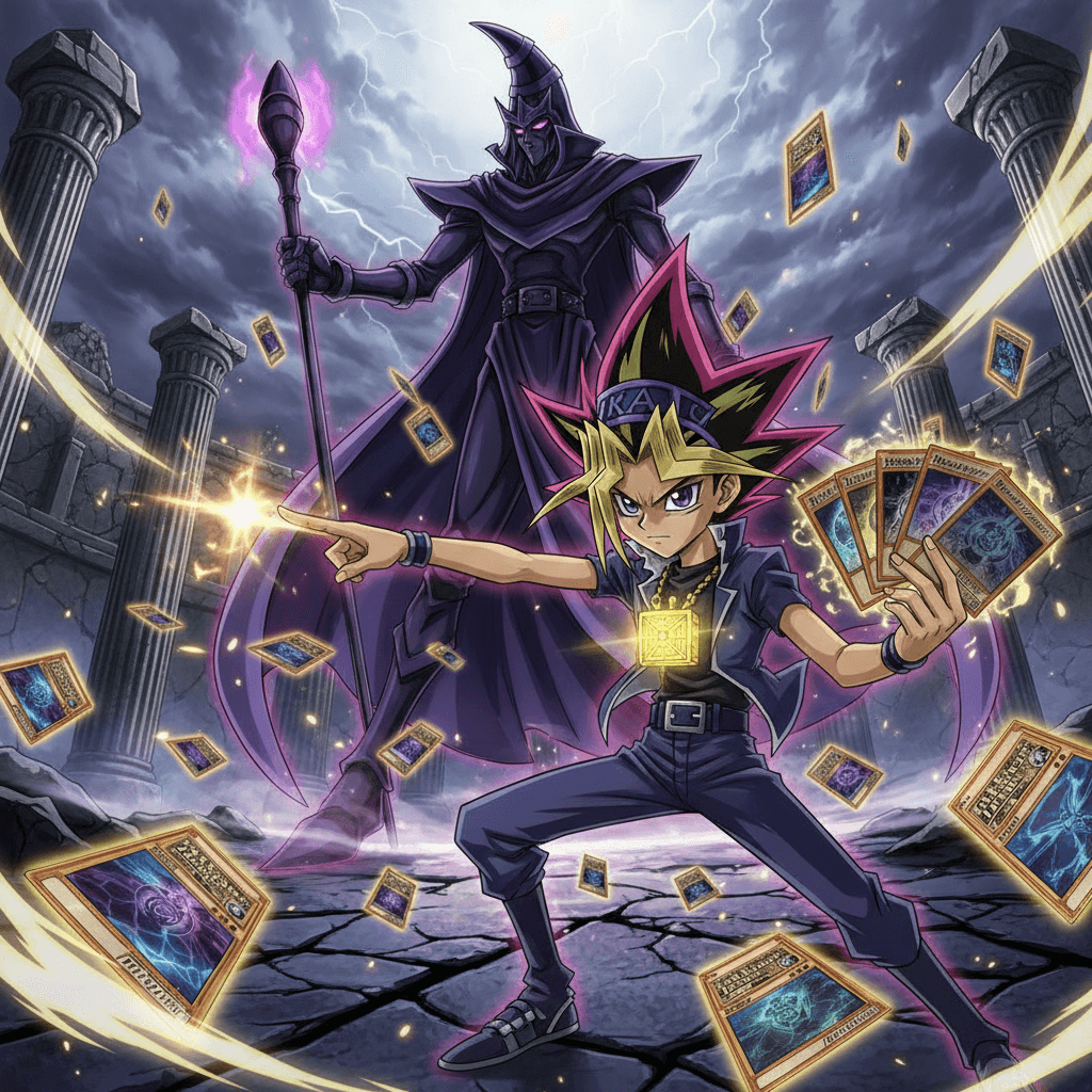 Yugi Muto aus Yu-Gi-Oh in dramatischer Kampfpose mit gezogenen Karten, flankiert vom Dunklen Magier vor antiken griechischen Ruinen.