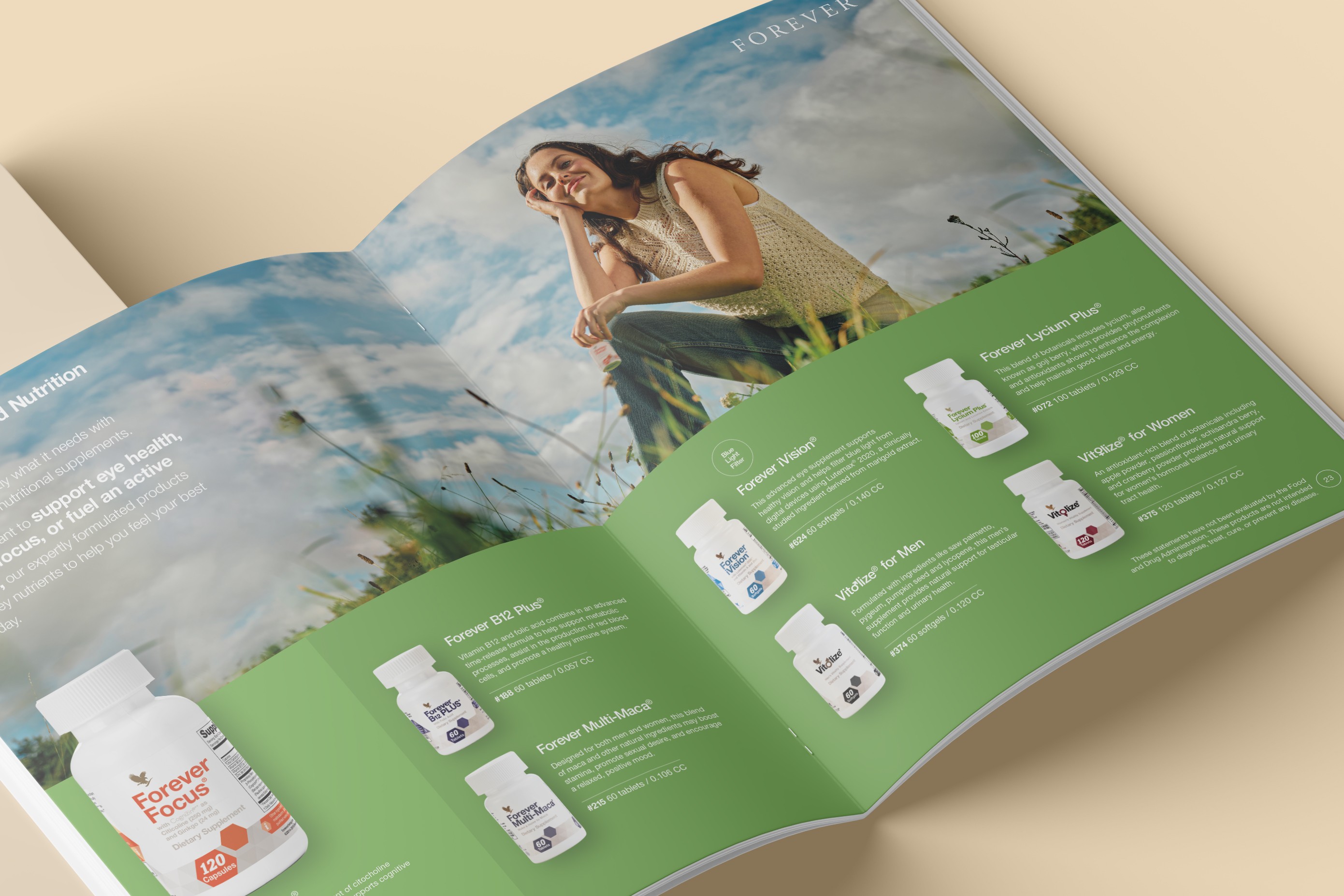 Double page spread, cropping of the image, showcasing various Forever Living Products, with a colour band and image band separating the page.