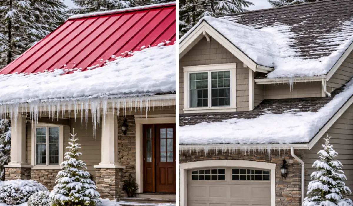 Metal Roofs vs. Asphalt Shingles comparison during winter with visible snow, ice, and icicle damage