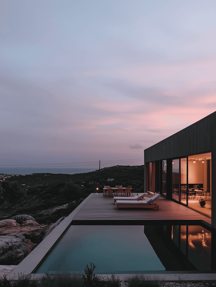 Modern house with glass walls, overlooking a serene landscape at dusk. A tranquil pool reflects pink and purple hues of the sunset sky, creating a peaceful ambiance.
