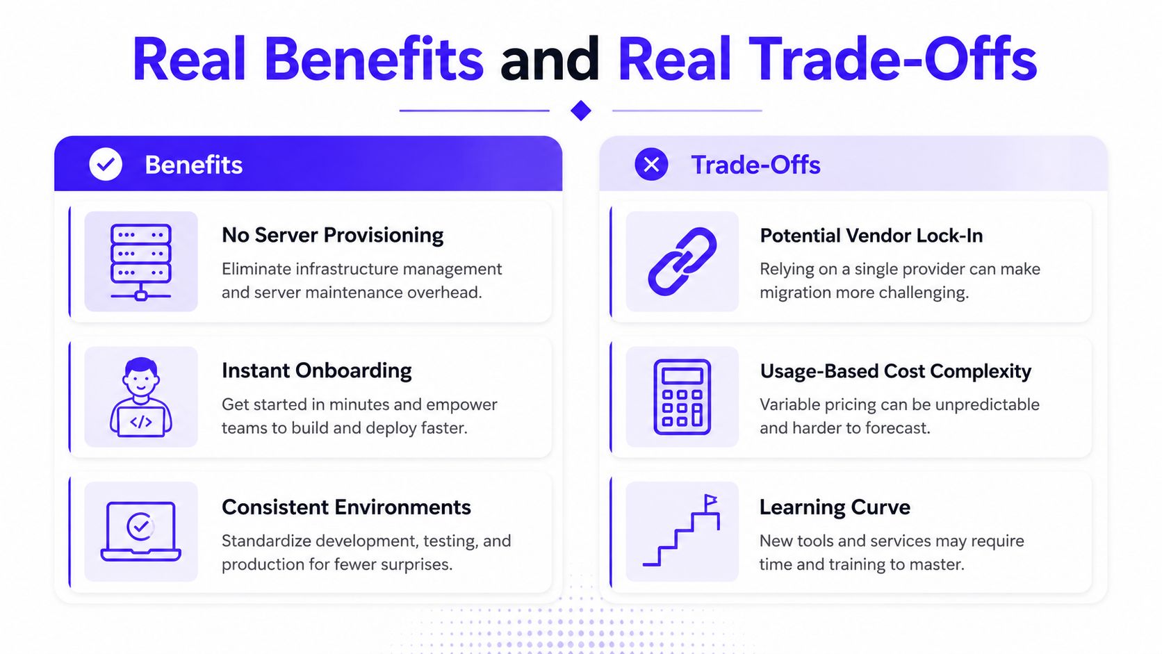 A comparison chart outlining the real benefits and potential trade-offs of using a cloud-based web development platform.