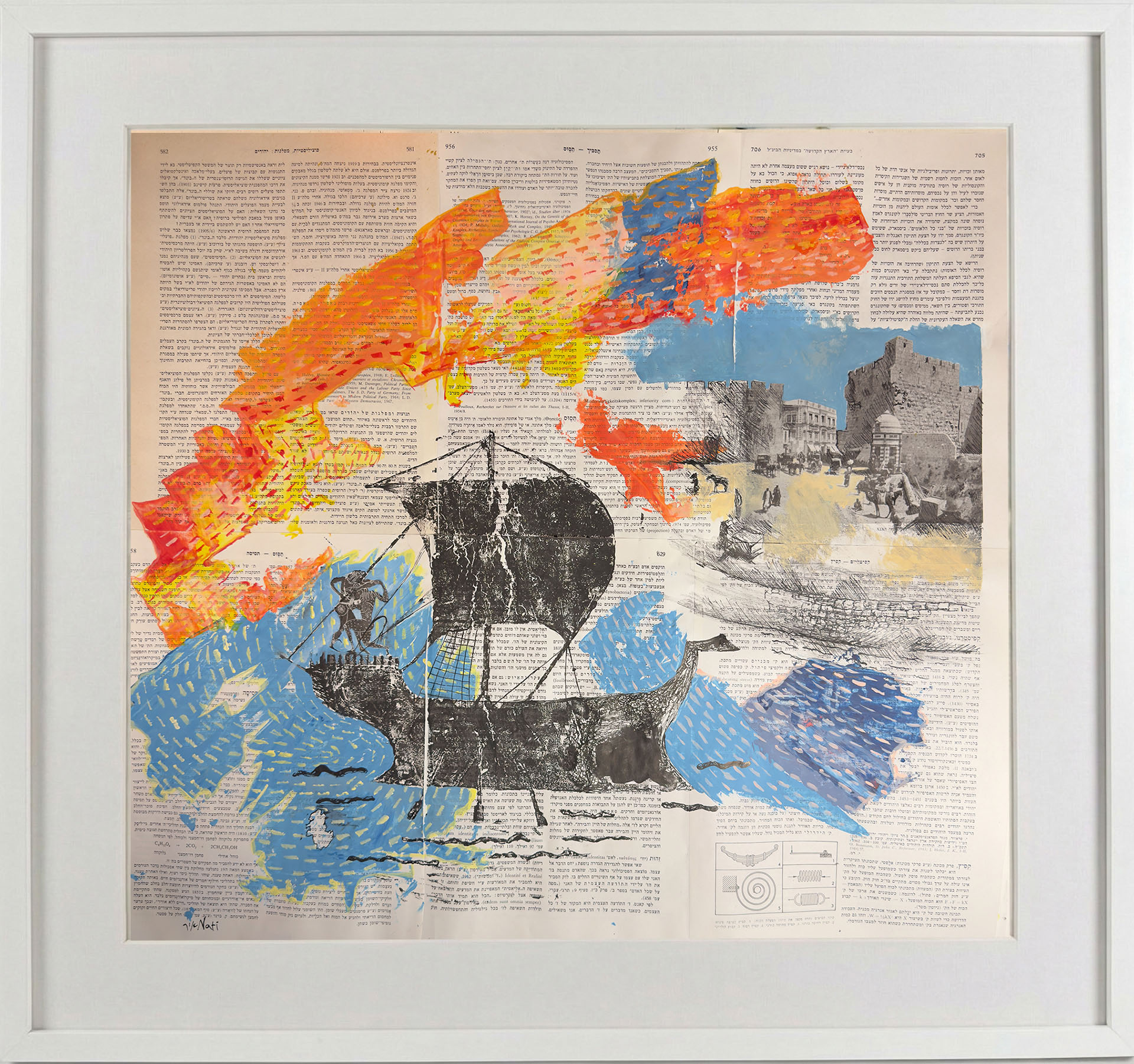 A black sailing ship over orange and blue painted encyclopedia pages