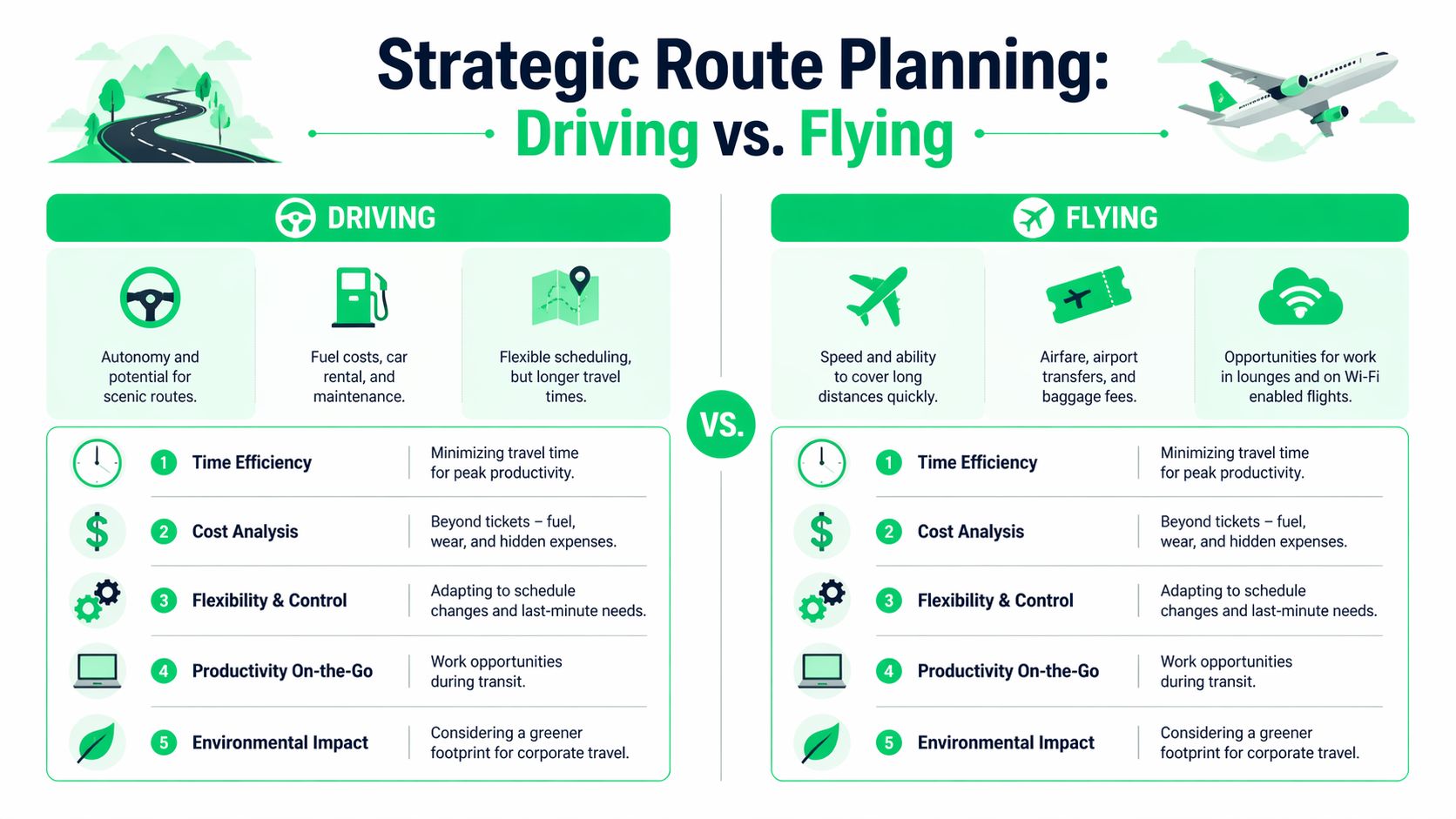 A comparison infographic showing the pros and cons of strategic route planning for driving versus flying travel.